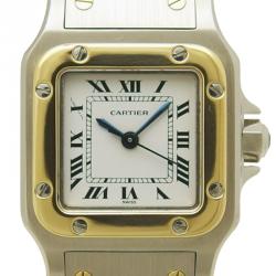 Pre Owned Cartier White 18K Yellow Gold and Stainless Steel Santos Galbee Women's Wristwatch 24MM