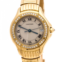 Pre Owned Cartier Cream 18K Yellow Gold Diamonds Panthere Cougar 1171 Women's Wriswatch 26 MM