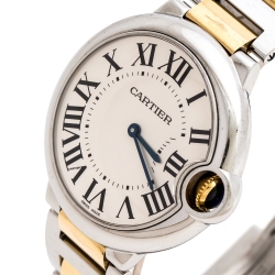 Pre Owned Cartier Silver White Stainless Steel 18K Yellow Gold Ballon Bleu de Cartier 3005 Women's Wristwatch 36 mm