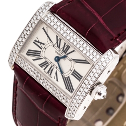 Pre Owned Cartier Silver 18K White Gold Diamond Leather Tank Divan 2613 Women's Wristwatch 31.50 mm