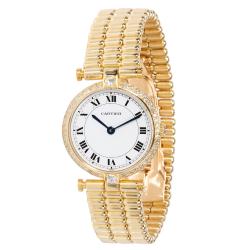 Pre Owned Cartier White 18K Yellow Gold Diamond Vendome L.C. 8107 Women's Wristwatch 24MM