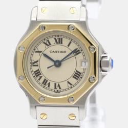 Pre Owned Cartier White 18k Yellow Gold And Stainless Steel Santos Octagon 187903 Quartz Women's Wristwatch 24 mm