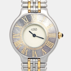 Pre Owned Cartier Cream 18k Yellow Gold Stainless Steel Must 21 9010 Women's Wristwatch 28 mm
