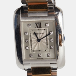 Pre Owned Cartier Silver 18K Rose Gold Stainless Steel Diamond Tank Anglaise WT100032 Women's Wristwatch 26 mm