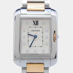 Pre Owned Cartier Silver 18K Rose Gold Stainless Steel Diamond Tank Anglaise WT100032 Women's Wristwatch 26 mm