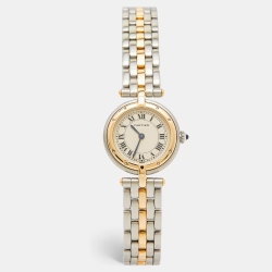 Pre Owned Cartier Cream 18K Yellow Gold And Stainless Steel Panthere W25030B5 Women's Wristwatch 23 mm