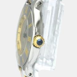 Pre Owned Cartier Silver Yellow Gold Plated Stainless Steel Must 21 de Cartier W10073R6 Quartz Women's Wristwatch 28 mm