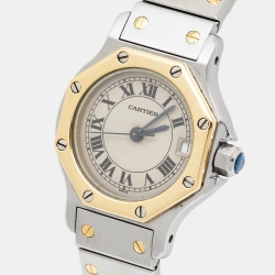 Pre Owned Cartier Cream 18k Yellow Gold Stainless Steel Santos de Cartier 187903 Women's Wristwatch 25 mm
