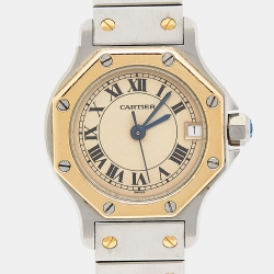 Pre Owned Cartier Cream 18k Yellow Gold Stainless Steel Santos de Cartier 187903 Women's Wristwatch 25 mm