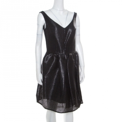 Pre Owned Carven Black Metallic Noir Cotton Blend Textured V Neck Cocktail Dress M
