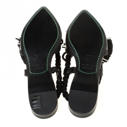  Carven Black Leather Tassle Detail Pointed Toe Flat Mules Size 37
