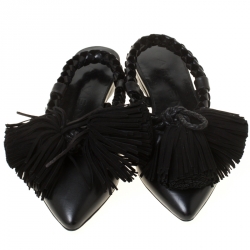  Carven Black Leather Tassle Detail Pointed Toe Flat Mules Size 37