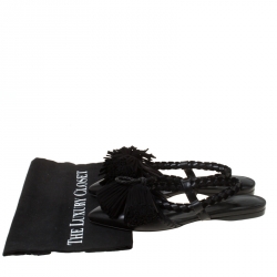  Carven Black Leather Tassle Detail Pointed Toe Flat Mules Size 37