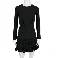 Pre Owned Carven Black Moroccan Crepe Ruffled Bottom Long Sleeve Dress S