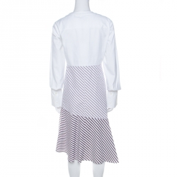 Carven White Multi Striped Cotton Paneled Asymmetric Hem Midi Dress L