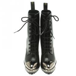 Pre Owned Casadei Black Leather Metal Cap Toe Lace Up Boots Size 37.5