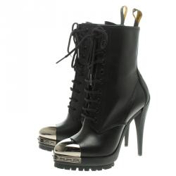 Pre Owned Casadei Black Leather Metal Cap Toe Lace Up Boots Size 37.5