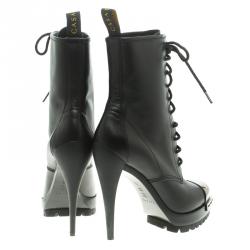 Pre Owned Casadei Black Leather Metal Cap Toe Lace Up Boots Size 37.5