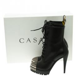 Pre Owned Casadei Black Leather Metal Cap Toe Lace Up Boots Size 37.5