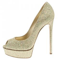 Pre Owned Casadei Glitter Lamé Fabric Peep Toe Platform Pumps Size 41