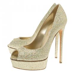 Pre Owned Casadei Glitter Lamé Fabric Peep Toe Platform Pumps Size 41