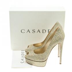 Pre Owned Casadei Glitter Lamé Fabric Peep Toe Platform Pumps Size 41