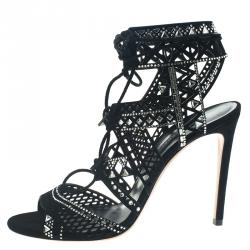Pre Owned Casadei Black Suede Crystal Embellished Strappy Sandals Size 41.5