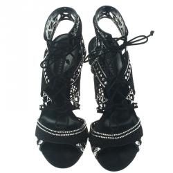 Pre Owned Casadei Black Suede Crystal Embellished Strappy Sandals Size 41.5