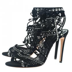 Pre Owned Casadei Black Suede Crystal Embellished Strappy Sandals Size 41.5