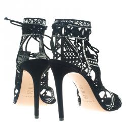 Pre Owned Casadei Black Suede Crystal Embellished Strappy Sandals Size 41.5