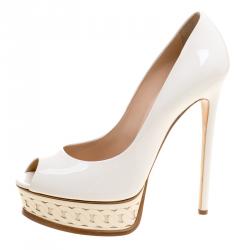 Pre Owned Casadei Off White Patent Leather Platform Peep Toe Pumps Size 40