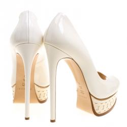 Pre Owned Casadei Off White Patent Leather Platform Peep Toe Pumps Size 40