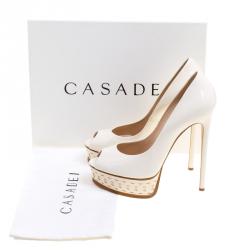 Pre Owned Casadei Off White Patent Leather Platform Peep Toe Pumps Size 40