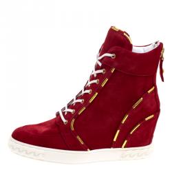 Pre Owned Casadei Red Suede High Top Wedge Sneakers Size 37