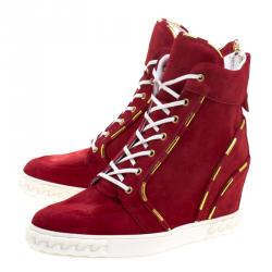 Pre Owned Casadei Red Suede High Top Wedge Sneakers Size 37