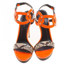 Pre Owned Casadei Orange Patent and Embossed Roccia Leather Platform Ankle Strap Sandals Size 38.5
