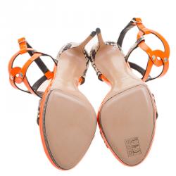 Pre Owned Casadei Orange Patent and Embossed Roccia Leather Platform Ankle Strap Sandals Size 38.5