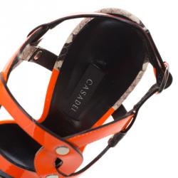 Pre Owned Casadei Orange Patent and Embossed Roccia Leather Platform Ankle Strap Sandals Size 38.5