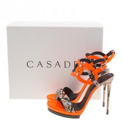 Pre Owned Casadei Orange Patent and Embossed Roccia Leather Platform Ankle Strap Sandals Size 38.5