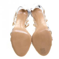 Pre Owned Casadei Metallic Silver Leather and Glitter Barbarella Cutout Sandals Size 37