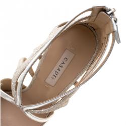 Pre Owned Casadei Metallic Silver Leather and Glitter Barbarella Cutout Sandals Size 37