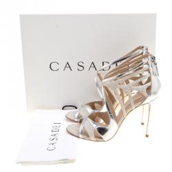 Pre Owned Casadei Metallic Silver Leather and Glitter Barbarella Cutout Sandals Size 37
