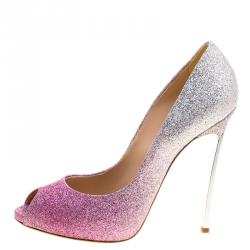 Pre Owned حذاء كعب عالي كاسادي بيغاسوس بمقدمة مفتوحة غليتر اومبريه وردي وفضي مقاس 38.5