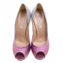 Pre Owned حذاء كعب عالي كاسادي بيغاسوس بمقدمة مفتوحة غليتر اومبريه وردي وفضي مقاس 38.5