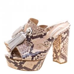 Casadei Beige Roccia Snake Print Embossed Python Leather Peep Toe Mules Size 37