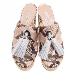 Casadei Beige Roccia Snake Print Embossed Python Leather Peep Toe Mules Size 37