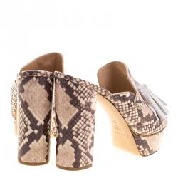 Casadei Beige Roccia Snake Print Embossed Python Leather Peep Toe Mules Size 37