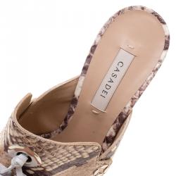 Casadei Beige Roccia Snake Print Embossed Python Leather Peep Toe Mules Size 37