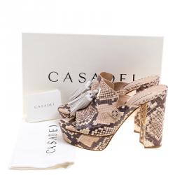 Casadei Beige Roccia Snake Print Embossed Python Leather Peep Toe Mules Size 37