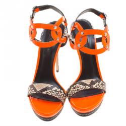 Pre Owned Casadei Orange Patent and Embossed Roccia Leather Platform Ankle Strap Sandals Size 38
